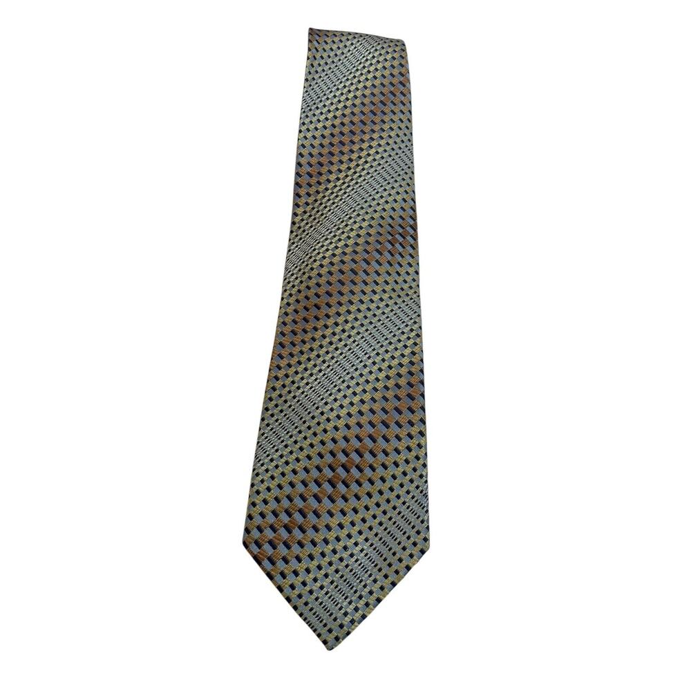 Roberto Villini Geometric Silk Designer Tie Gold Blue Brown EUC